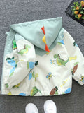 Boys' Spring/Autumn Hooded Jacket with All-Over Cute Cartoon Dinosaur Print, Fall Zip-Up Cardigan
