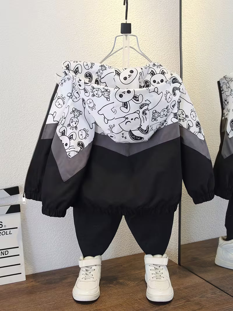 Spring/Autumn Series New Korean Style Versatile Fashion Simple Medium to Large Girls' Cute Cartoon Rabbit Print Hooded Jacket for Boys and Girls Outdoor Wear