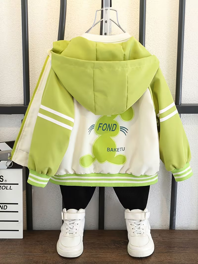 Girls' Spring And Autumn Hooded Jacket with Rabbit Cartoon Print, Stylish Thin Windbreaker for Casual Wear