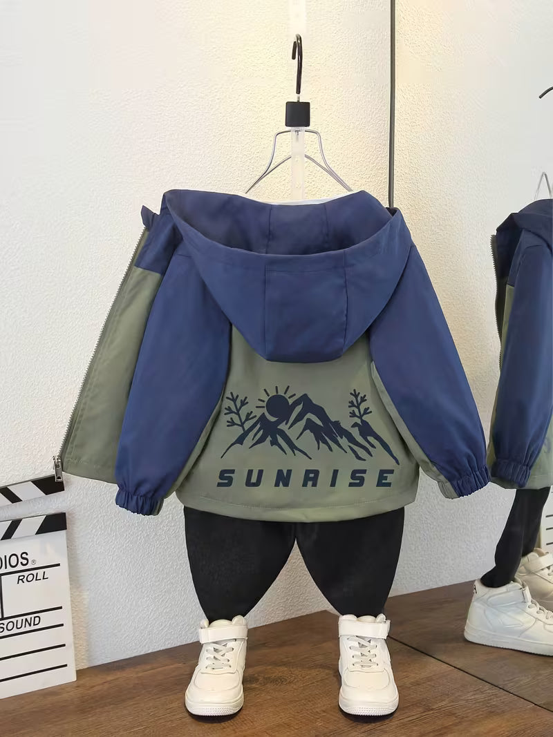 New Spring/Autumn Korean-Style Versatile and Fashionable Avant-Garde Color-Block Mountain Pattern Hooded Jacket for Big Kids and Girls, Unisex Outfit for Casual Outdoor Wear