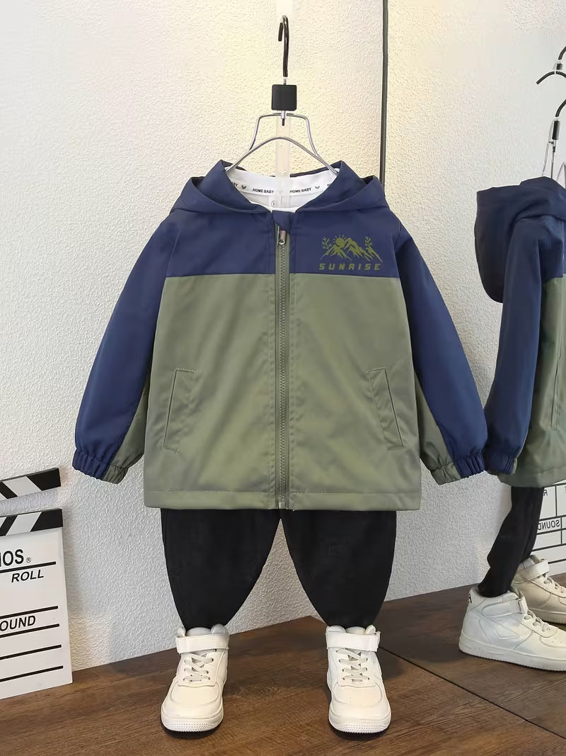 New Spring/Autumn Korean-Style Versatile and Fashionable Avant-Garde Color-Block Mountain Pattern Hooded Jacket for Big Kids and Girls, Unisex Outfit for Casual Outdoor Wear